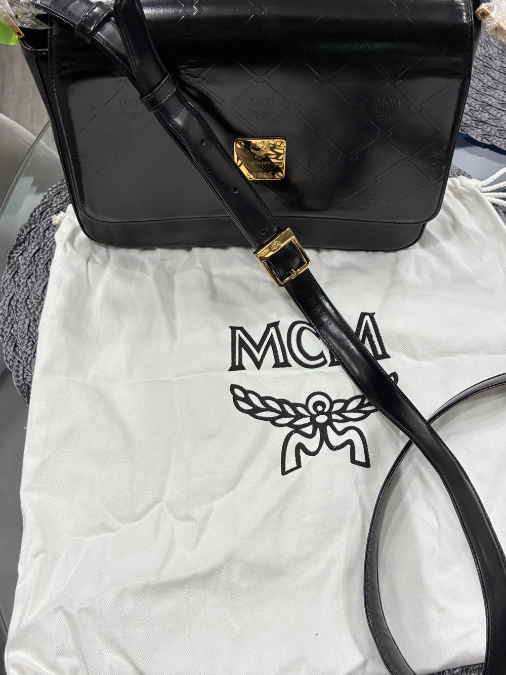 MCM Black Monogram Embossed Leather Crossbody Bag Gold Hardware w/Dust Bag